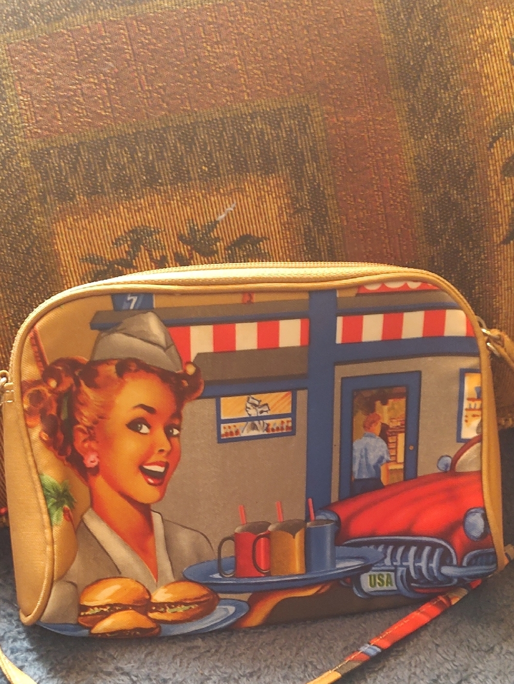 Retro Diner Print Women's Crossbody Bag - Beige/Tan - Picture 3 of 7
